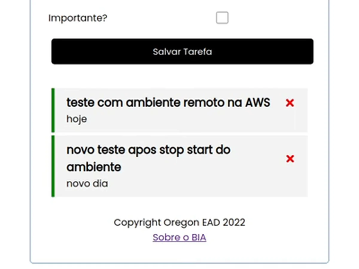 A BIA em localhost:3001 com as duas tarefas salvas: a de antes e a de depois do stop e start da instância
