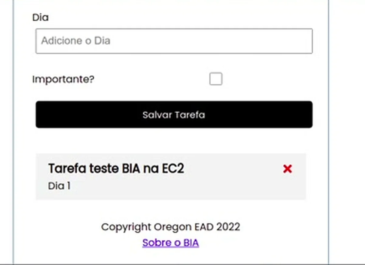 A aplicação BIA rodando na EC2, com a tarefa "Tarefa teste BIA na EC2", Dia 1, salva e listada