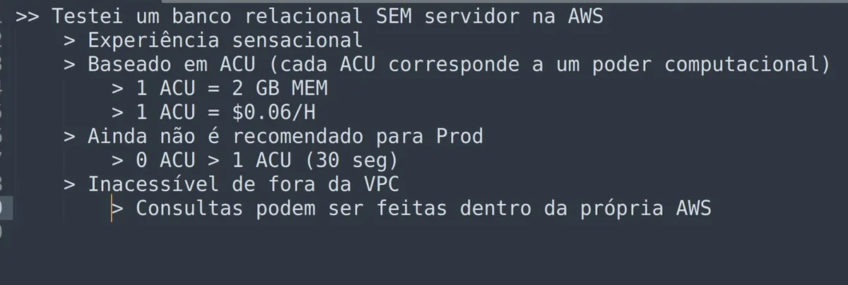 As anotações da aula: 1 ACU = 2 GB de memória, 1 ACU = US$ 0,06 por hora e 0 ACU para 1 ACU em 30 segundos