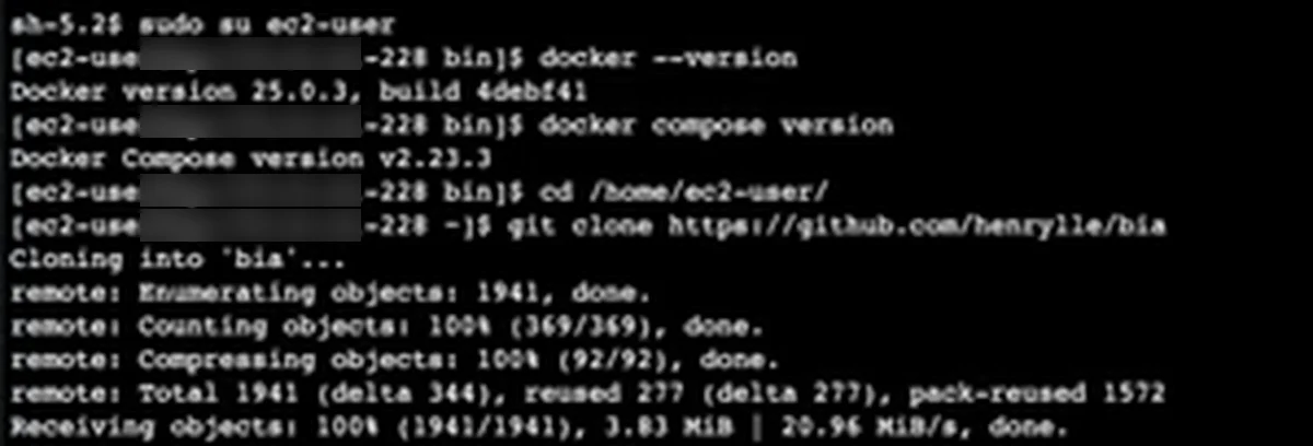 Terminal do SSM como ec2-user: docker --version responde 25.0.3, docker compose version responde v2.23.3 e o git clone do projeto bia começa