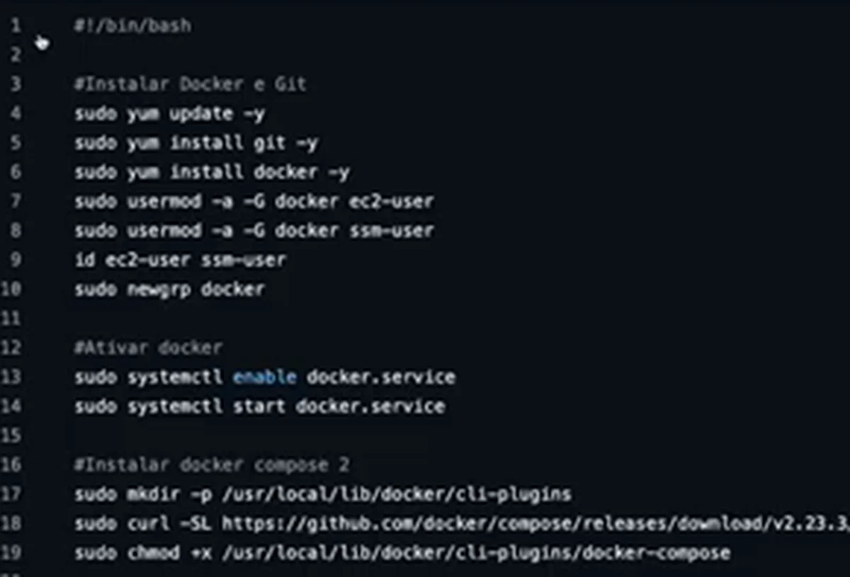 O início do script user_data_ec2_zona_a.sh no GitHub: instala Git e Docker, adiciona ec2-user e ssm-user ao grupo docker, ativa o serviço e baixa o Docker Compose v2.23.3