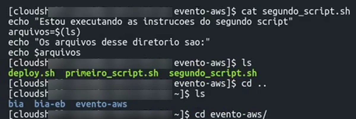 O segundo_script.sh aberto com cat: arquivos=$(ls) guarda o resultado do ls e o echo imprime a lista