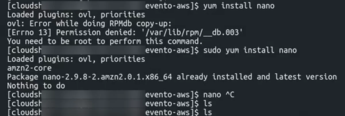 O yum sem sudo falha com "You need to be root to perform this command"; com sudo, o comando roda