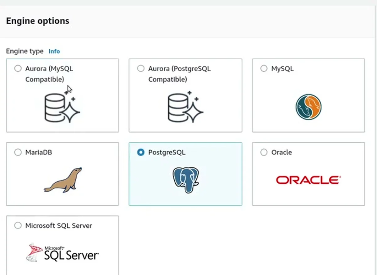 As engines do RDS, com PostgreSQL selecionado
