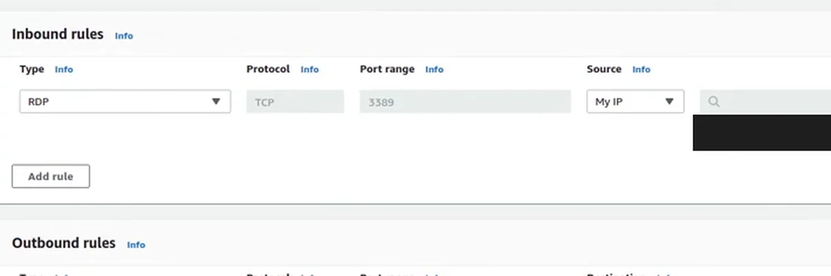 A regra de entrada do security group: tipo RDP, protocolo TCP, porta 3389 e origem My IP (o endereço está coberto)