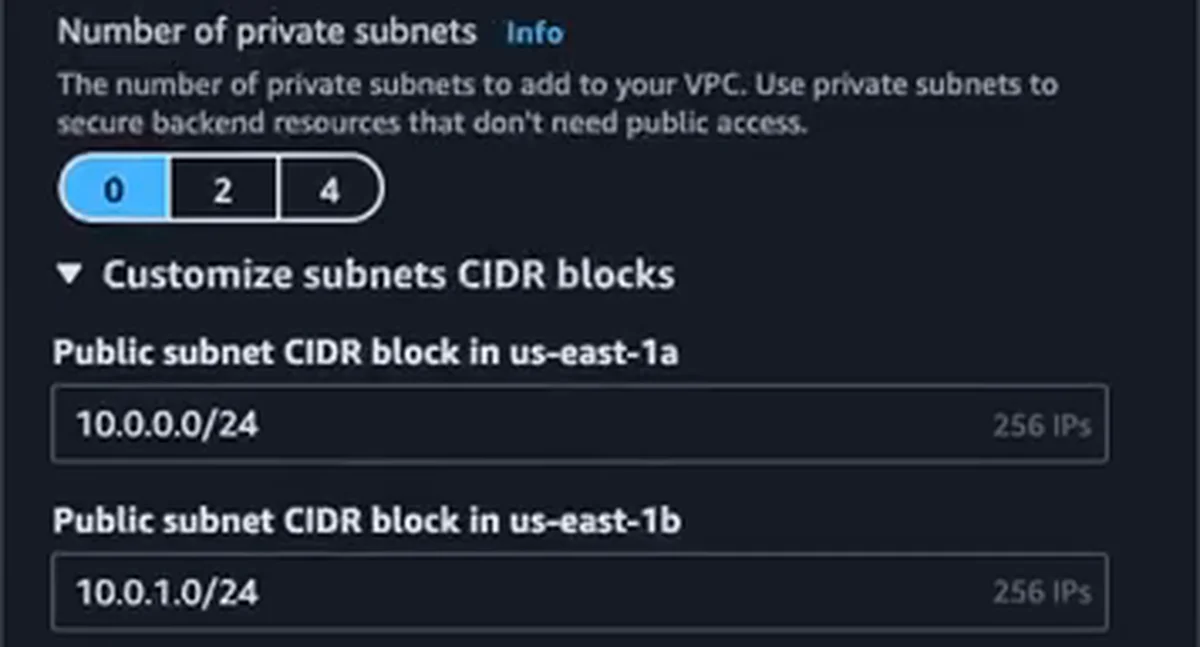 A tela de Create VPC com 0 subnets privadas e as faixas das subnets públicas: 10.0.0.0/24 em us-east-1a e 10.0.1.0/24 em us-east-1b