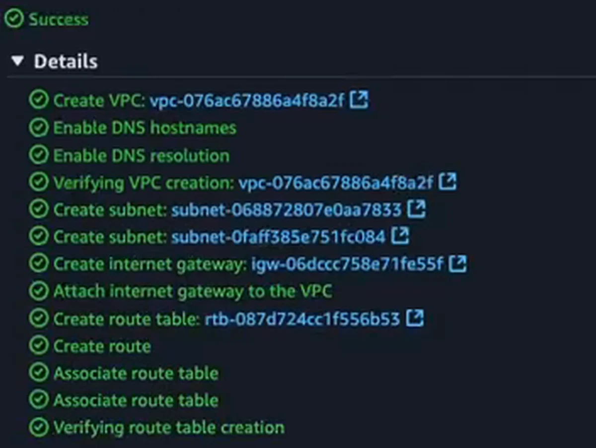 O Create VPC workflow com status Success: VPC, subnets, internet gateway, route table, rota e as duas associações criados