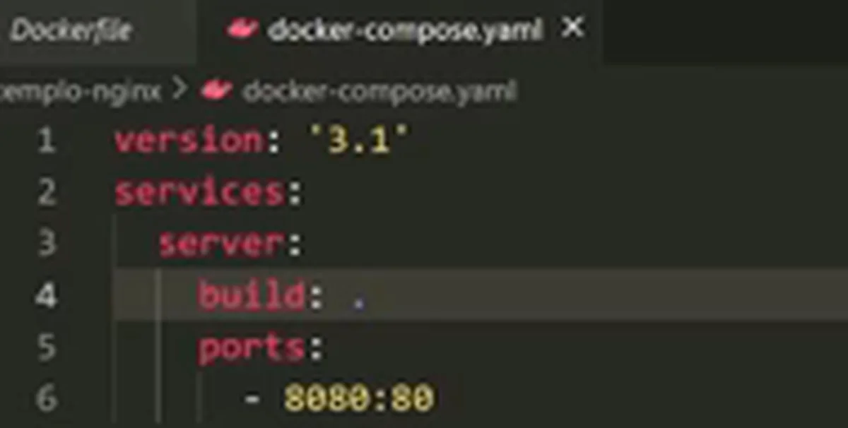 O docker-compose.yaml do exemplo Nginx: serviço server com build apontando para a pasta atual e a porta 8080:80