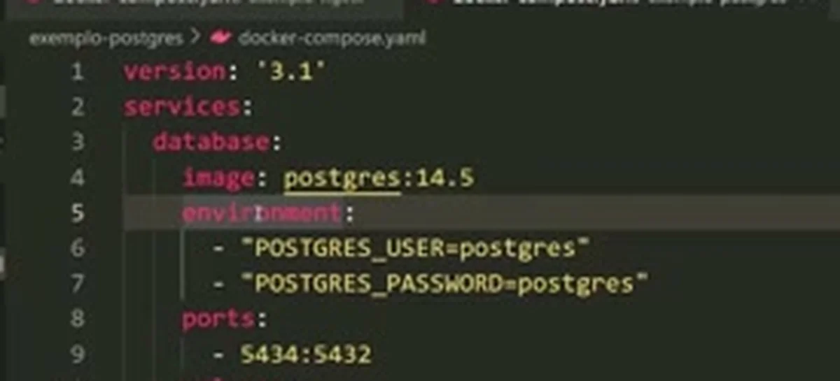 O docker-compose.yaml do exemplo Postgres: serviço database com a imagem postgres:14.5, usuário e senha em environment e a porta 5434:5432