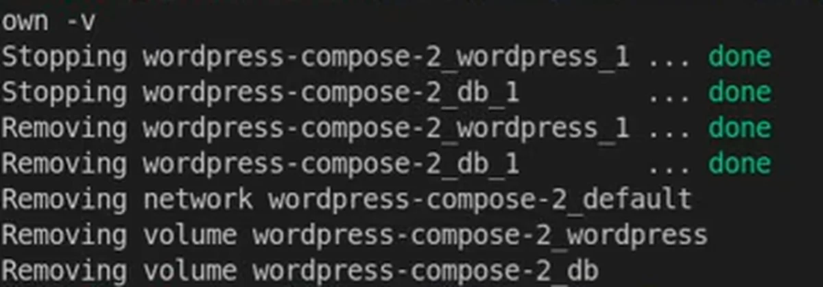 A saída do docker-compose down -v: além dos dois containers e da rede, aparecem Removing volume wordpress-compose-2_wordpress e wordpress-compose-2_db