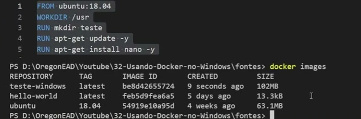 O Dockerfile com as cinco instruções e o docker images listando teste-windows, de 102MB, ao lado de hello-world e ubuntu 18.04