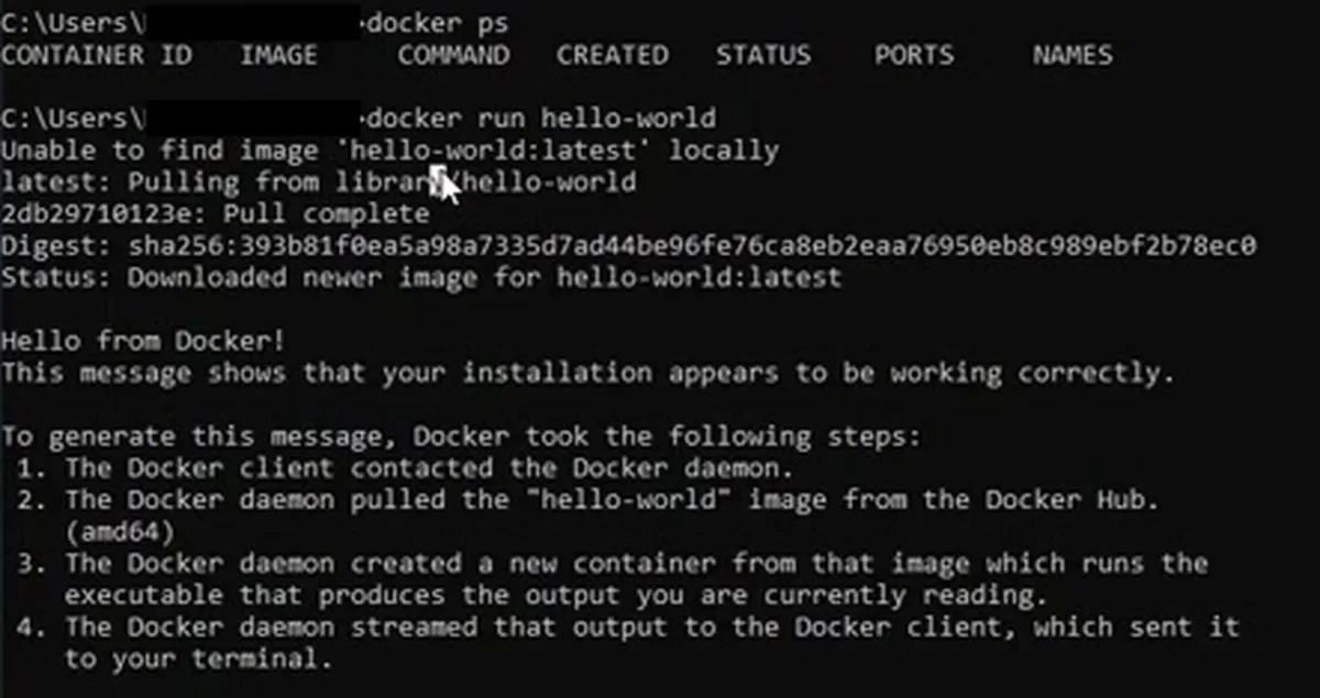 No Prompt de Comando, docker run hello-world não acha a imagem localmente, baixa do Docker Hub e imprime "Hello from Docker!"