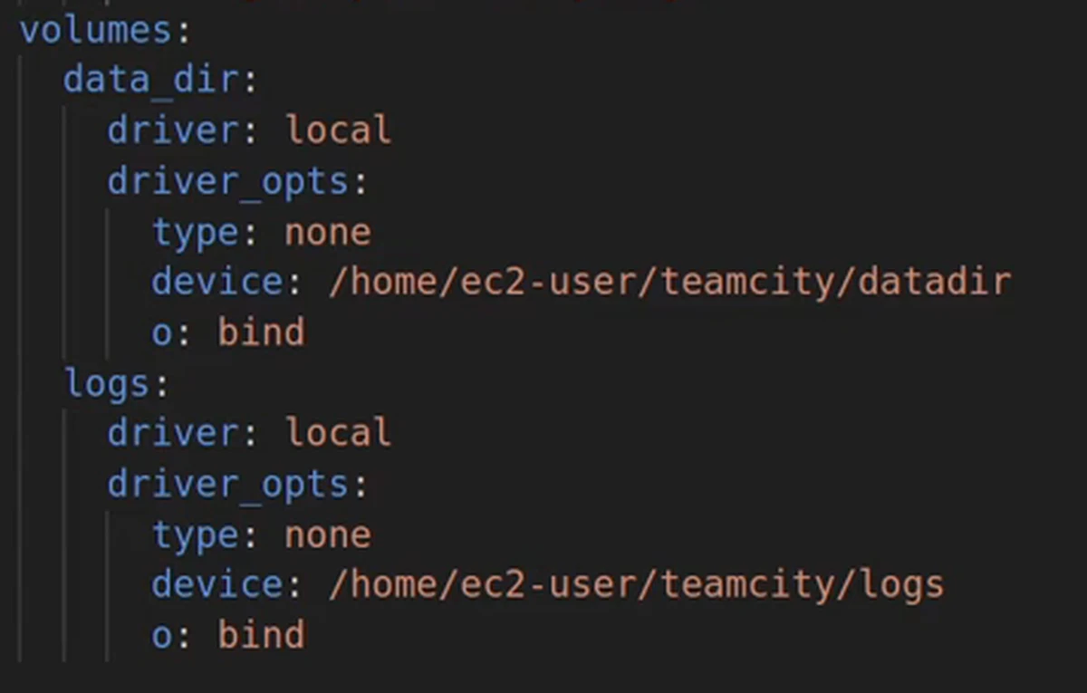 O fim do docker-compose.yml no VS Code: os volumes data_dir e logs com driver local, type none, device apontando para /home/ec2-user/teamcity e o bind