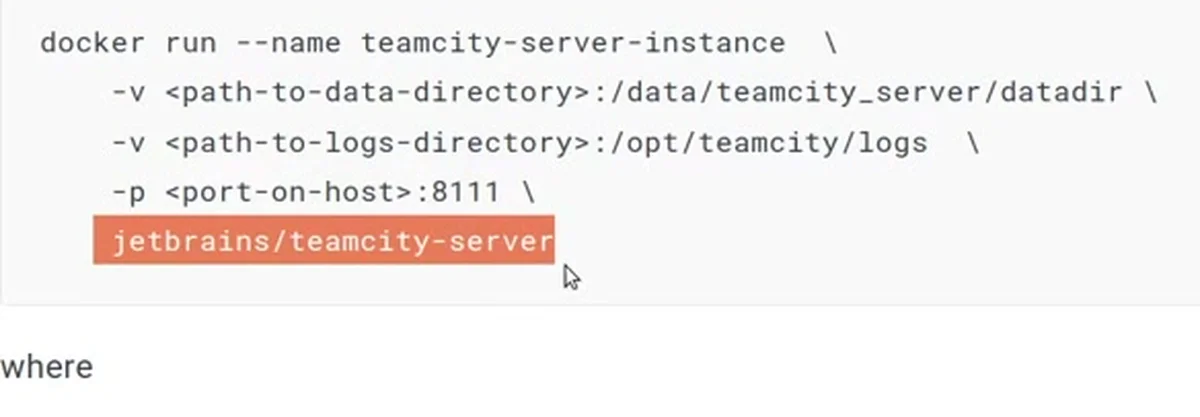 O docker run da página do TeamCity no Docker Hub: --name teamcity-server-instance, dois -v, um -p com a porta 8111 e a imagem jetbrains/teamcity-server