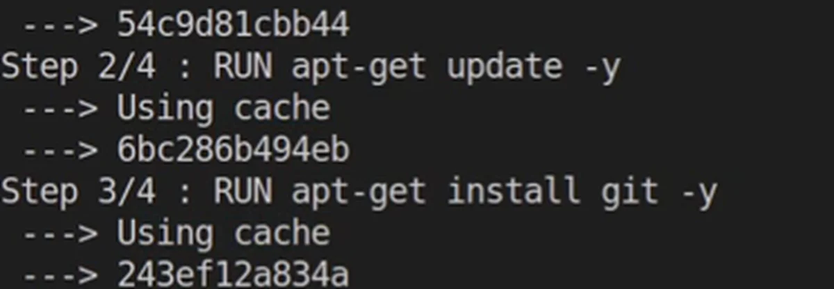 Saída do docker build: as etapas 2/4 (apt-get update) e 3/4 (instalação do git) com "Using cache"