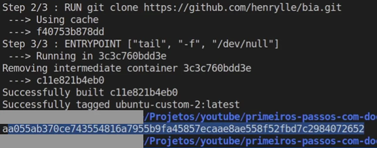 Saída do build com a etapa 3/3 ENTRYPOINT tail -f /dev/null, depois o ID do container devolvido pelo docker run -d