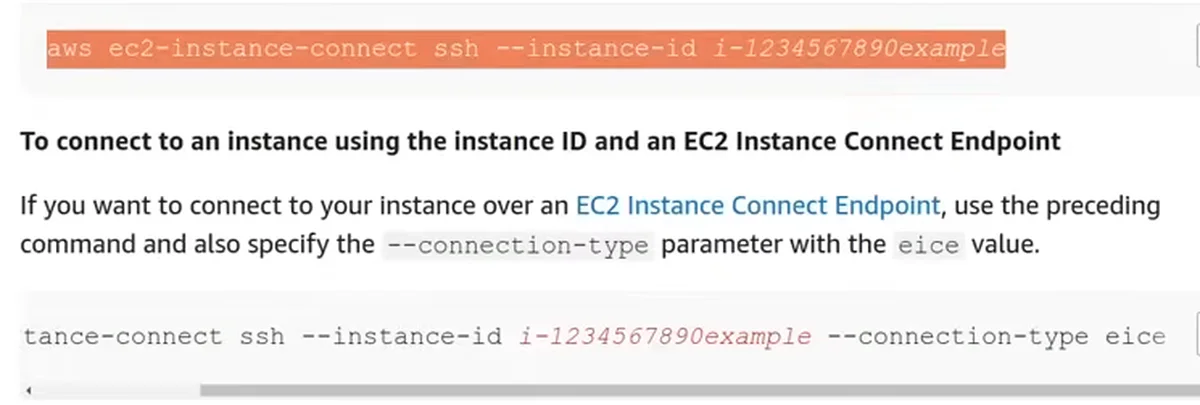 Trecho da documentação com o comando ssh e o parâmetro --connection-type com o valor eice