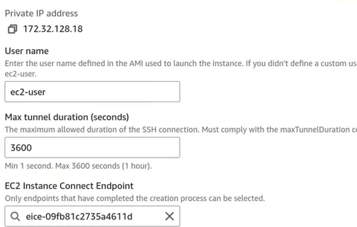 Formulário de conexão com IP privado 172.32.128.18, usuário ec2-user, túnel de 3600 segundos e o endpoint selecionado