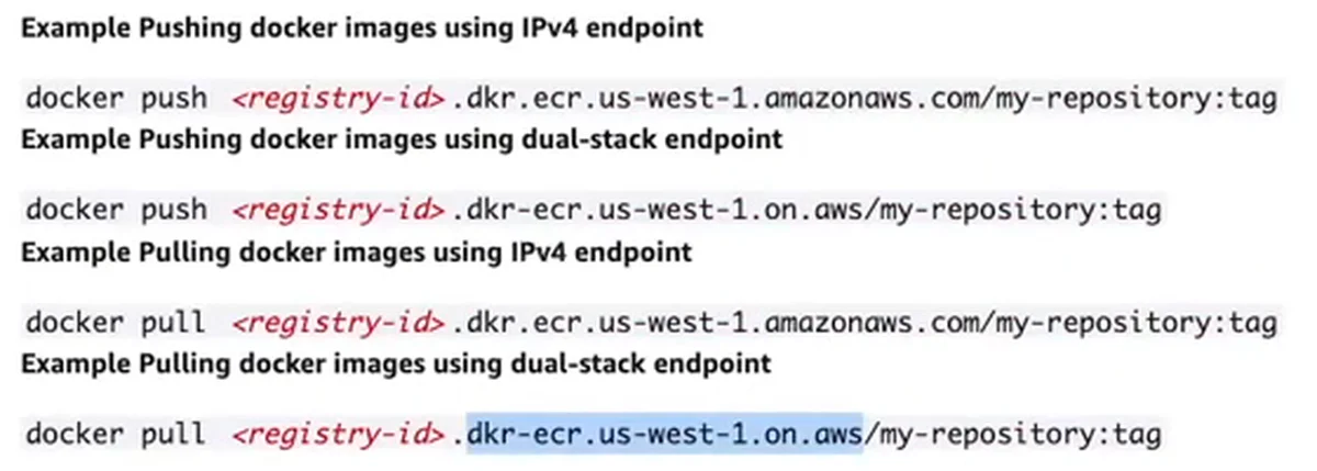 A documentação do ECR com os exemplos de docker pull: o endpoint IPv4 (dkr.ecr...amazonaws.com) e o dual stack (dkr-ecr.us-west-1.on.aws), com o trecho do dual stack selecionado