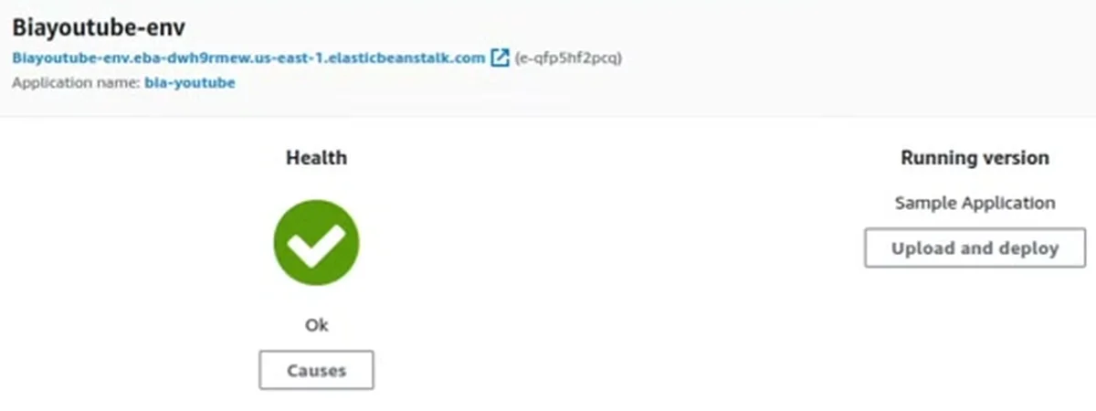 O ambiente bia-youtube-env com Health Ok (ícone verde) e a versão em execução ainda Sample Application