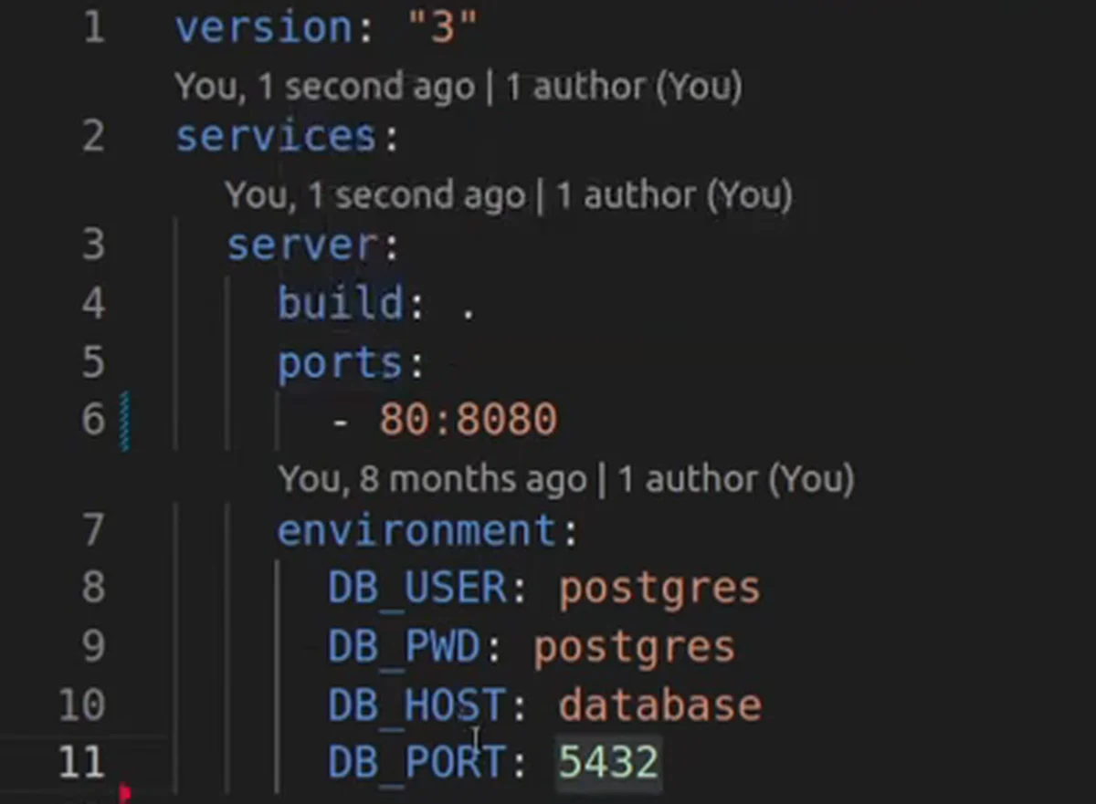 O docker-compose.yml ajustado: só o serviço server, com build: . e a porta 80:8080 (as variáveis DB_ continuam no arquivo)