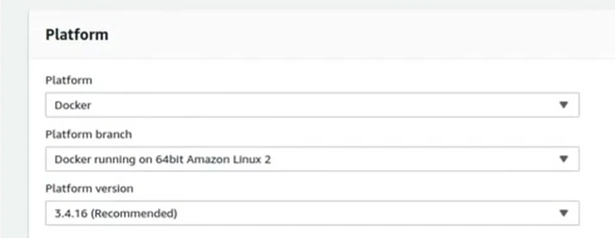 A seção Platform do Elastic Beanstalk: plataforma Docker, branch Docker running on 64bit Amazon Linux 2 e versão 3.4.16 (Recomendada)