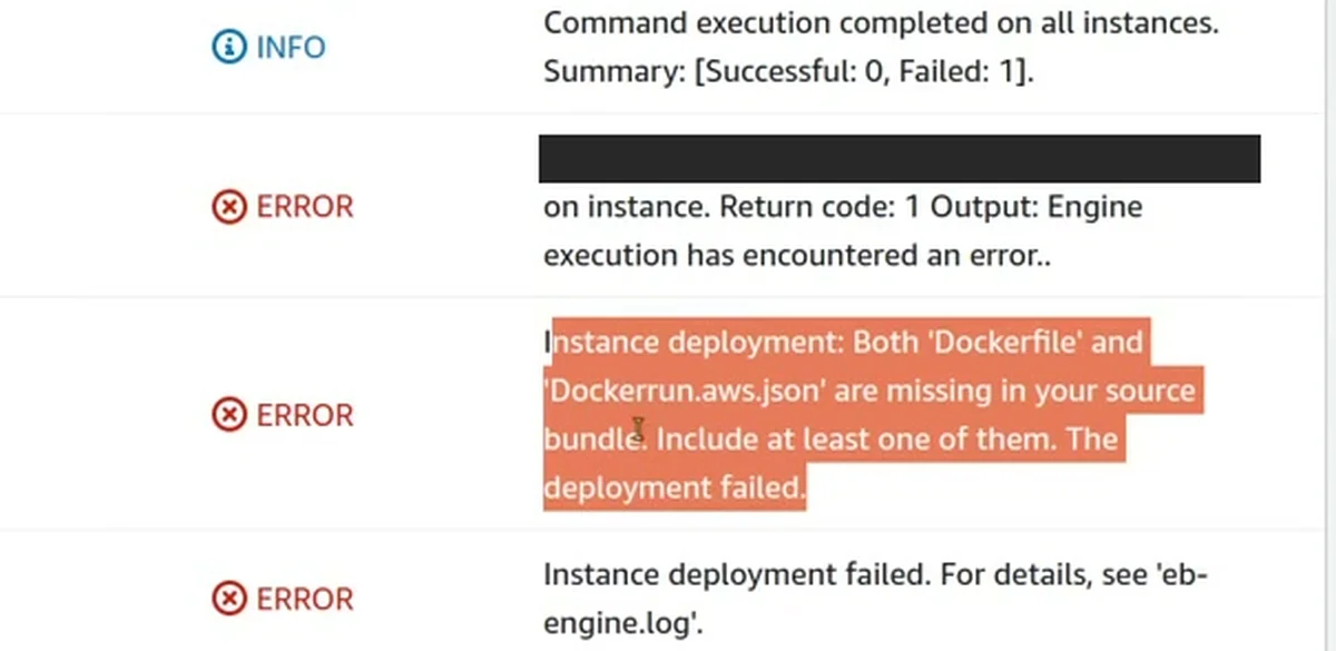 A aba Events do Elastic Beanstalk com o erro do deploy: Dockerfile e Dockerrun.aws.json ausentes no pacote (o ID da instância foi coberto)