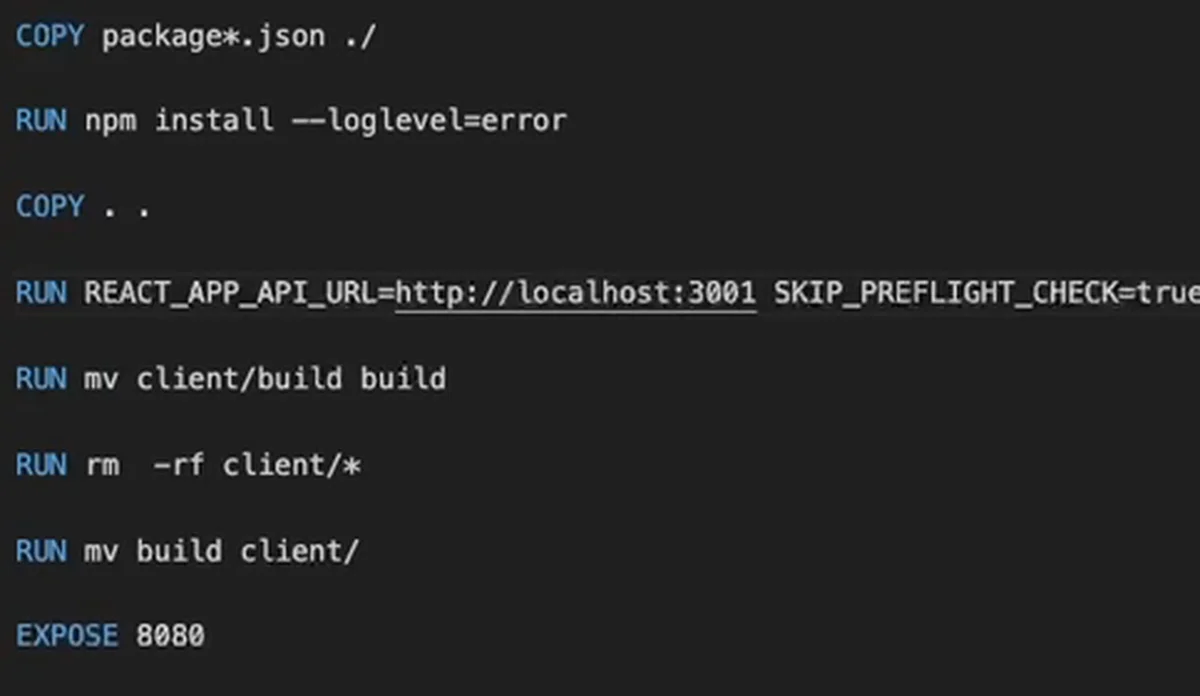 Linha 12 do Dockerfile com REACT_APP_API_URL=http://localhost:3001 no comando de build do React