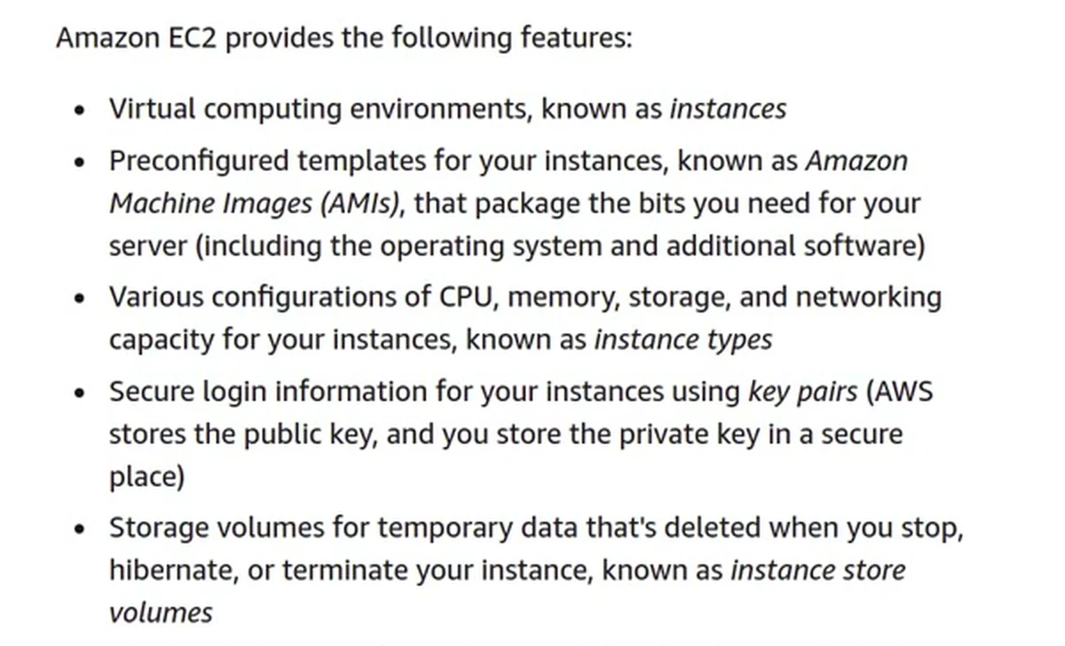 O guia do usuário do EC2 para instâncias Linux, em inglês, listando os recursos do serviço, como AMIs, tipos de instância e key pairs