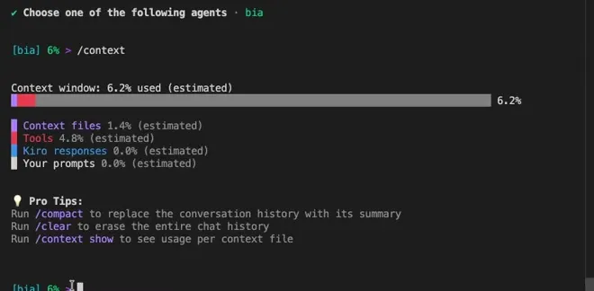 O /context do Kiro CLI: quanto da janela já foi usado e a divisão entre arquivos, ferramentas, respostas e prompts