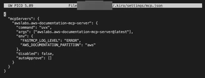 O arquivo ~/.kiro/settings/mcp.json com o MCP de documentação da AWS configurado