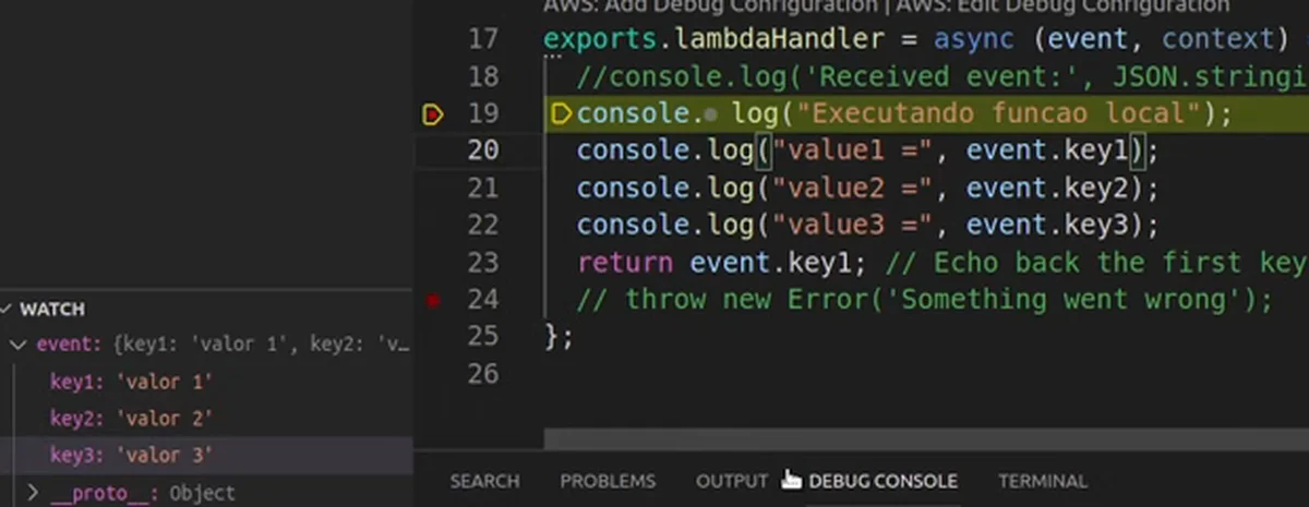 O VS Code parado no breakpoint da linha 19 do app.js, com o event no Watch mostrando key1, key2 e key3 como valor 1, valor 2 e valor 3