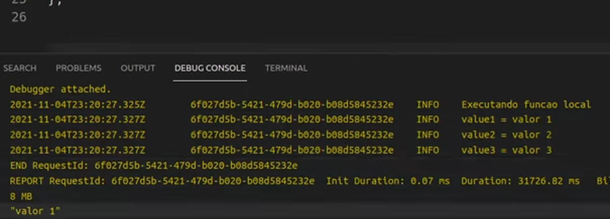 O Debug Console depois de continuar a execução, com Executando funcao local e value1 = valor 1, value2 = valor 2 e value3 = valor 3