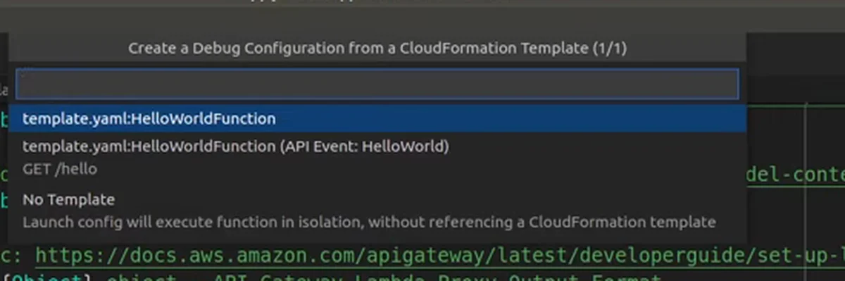 A lista de opções de debug do AWS Toolkit no VS Code, com template.yaml:HelloWorldFunction, a variante com API Event e No Template