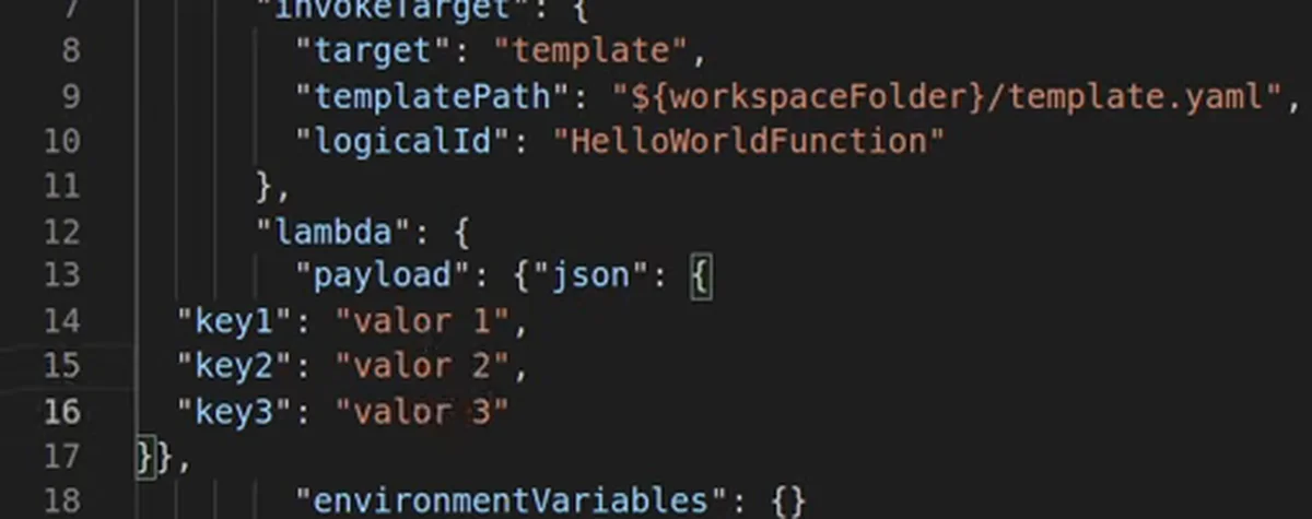 O launch.json com o invokeTarget apontando para o template.yaml e o payload com key1, key2 e key3 valendo valor 1, valor 2 e valor 3