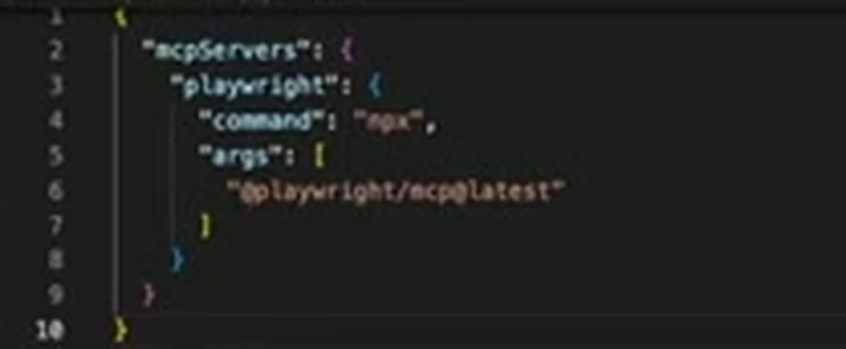 O conteúdo do mcp.json: servidor playwright, comando npx e o pacote @playwright/mcp@latest