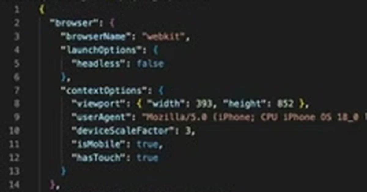 O playwright.json gerado pela IA: webkit, headless false, viewport 393 por 852, deviceScaleFactor 3, isMobile e hasTouch