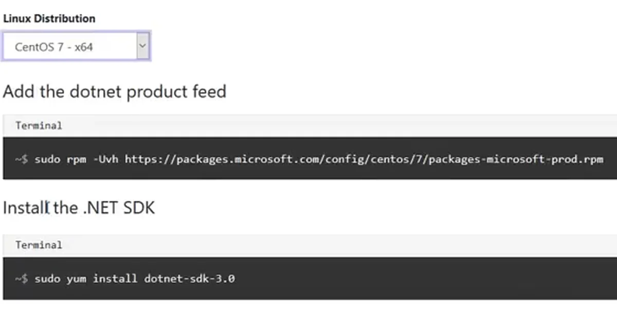 A página de download da Microsoft com CentOS 7 - x64 selecionado e os dois comandos: registrar o repositório e instalar o dotnet-sdk-3.0