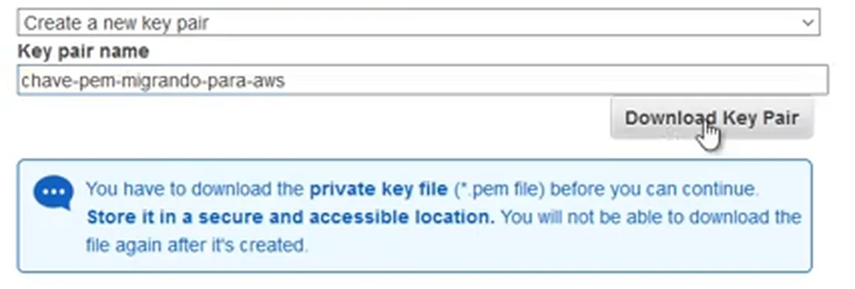 Create a new key pair, o nome da chave, o botão Download Key Pair e o aviso de que o arquivo .pem precisa ser baixado e guardado em local seguro