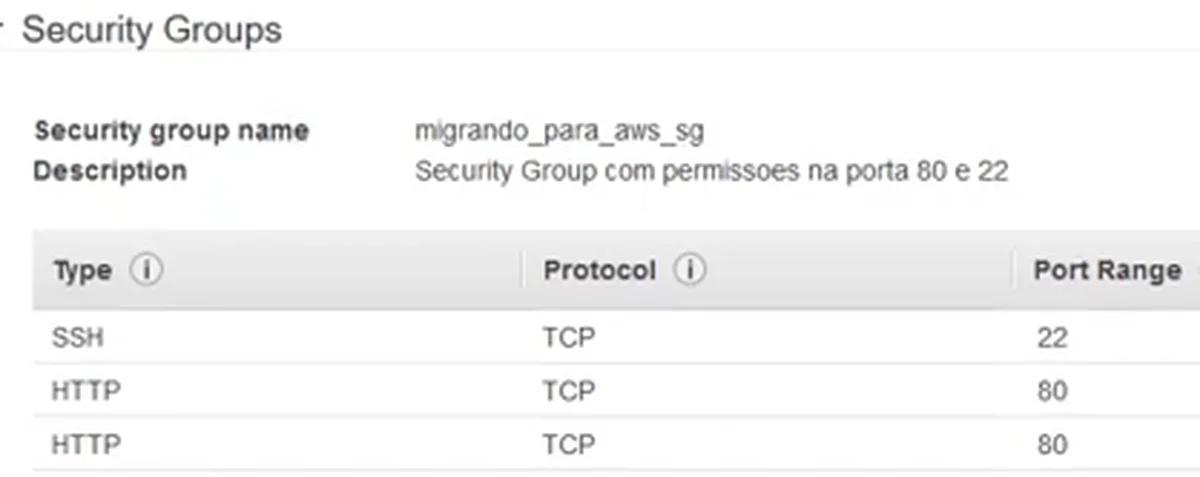 A revisão antes do lançamento: o grupo migrando_para_aws_sg com a regra de SSH na porta 22 e a de HTTP na porta 80