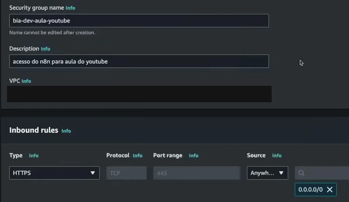 A regra de entrada do security group: HTTPS, porta 443, origem Anywhere (0.0.0.0/0), com o nome bia-dev-aula-youtube e a descrição acesso do n8n para aula do youtube