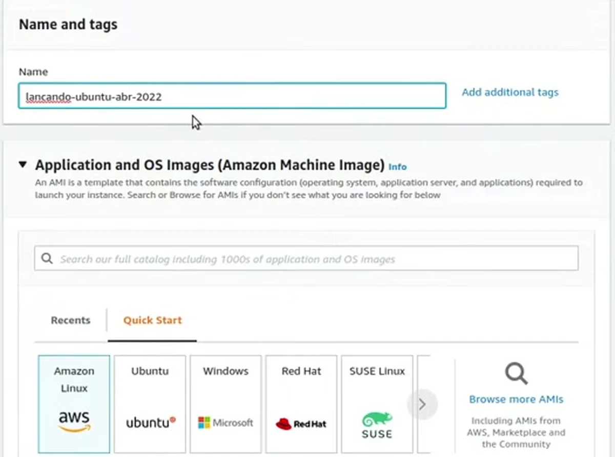 O campo de nome da instância e os ícones de imagem: Amazon Linux, Ubuntu, Windows, Red Hat e SUSE Linux