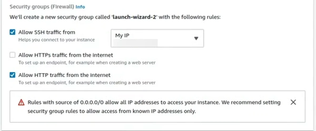 As regras do novo Security Group: SSH liberado só para My IP e tráfego HTTP marcado, com o IP borrado
