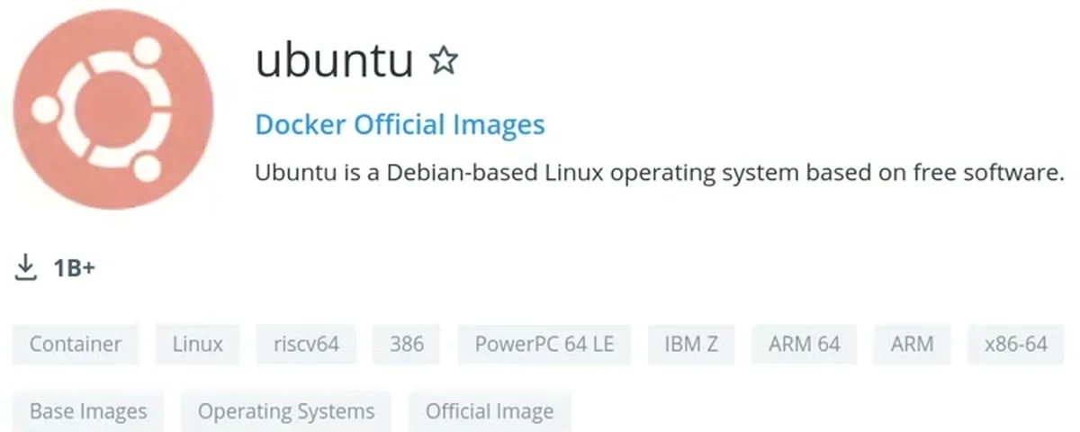 A página da imagem oficial do Ubuntu no Docker Hub, com o selo Docker Official Images e mais de 1 bilhão de downloads (1B+)