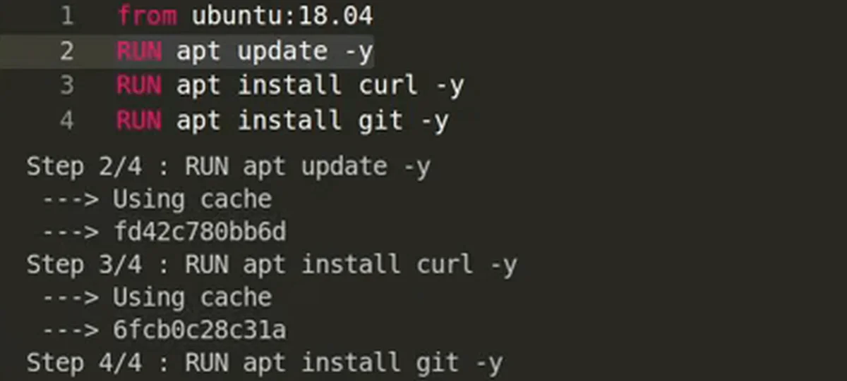O Dockerfile com as quatro instruções e a saída do build: as etapas 2/4 e 3/4 com "Using cache" e a 4/4, a do git, que é a nova