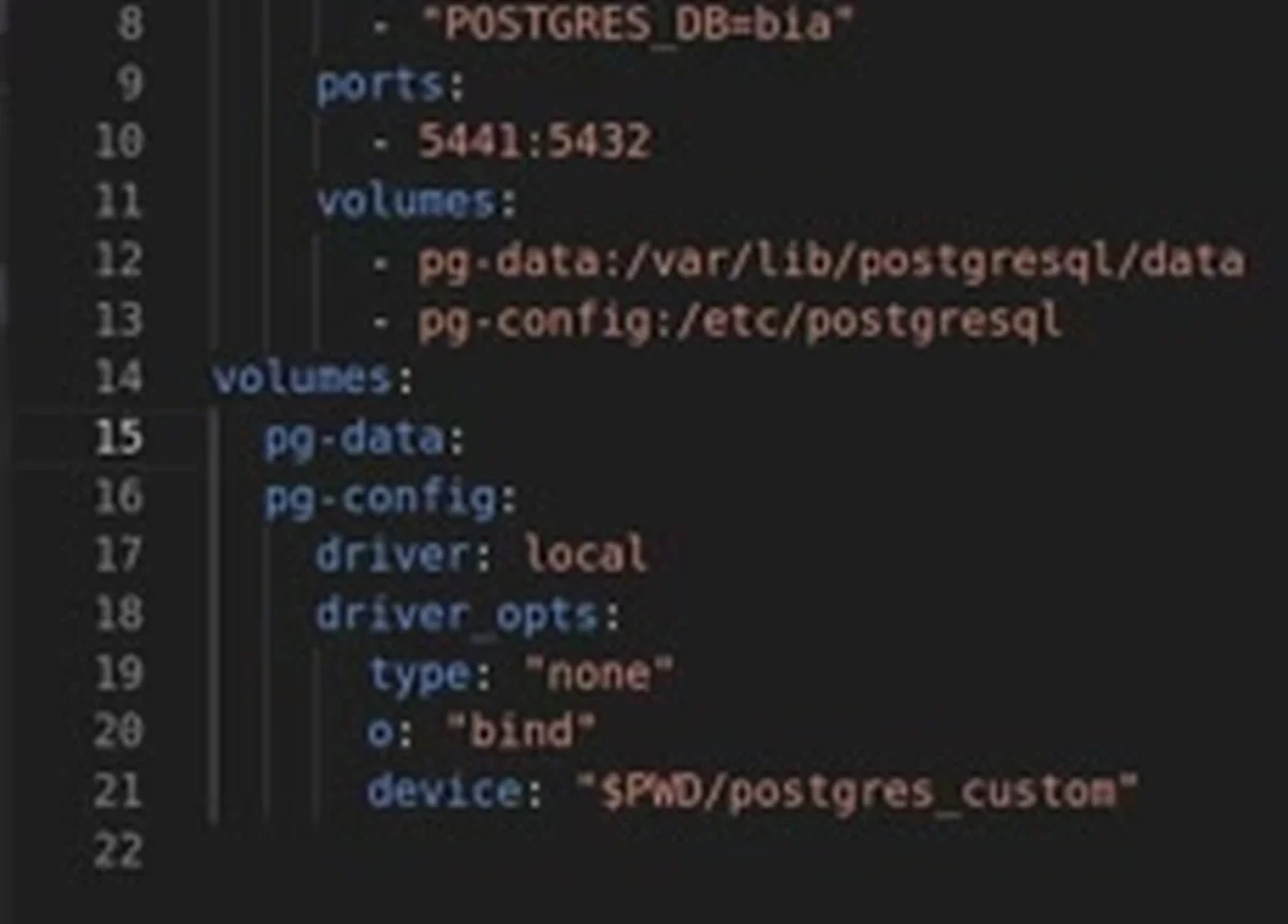 Os dois volumes no serviço e a definição do pg-config: driver local, type none, o bind e device apontando para $PWD/postgres_custom