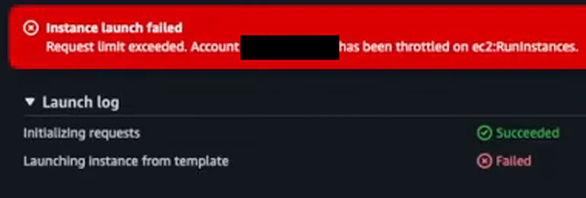Banner vermelho do console: "Instance launch failed. Request limit exceeded", a conta (número tarjado) foi limitada em ec2:RunInstances, e o launch log marca Failed
