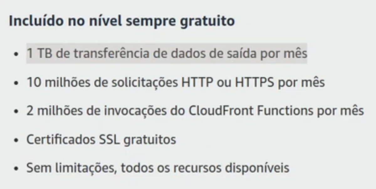 Nível sempre gratuito do CloudFront: 1 TB de transferência de dados de saída por mês