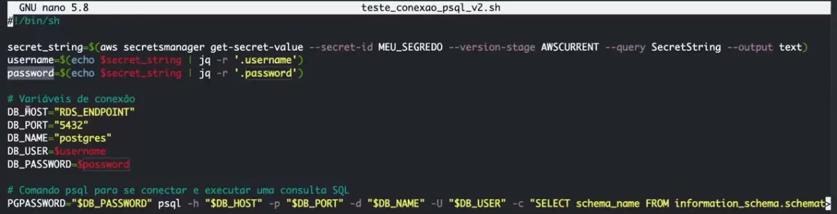 O teste em shell com Secrets Manager: usuário e senha vêm do SecretString, só o endpoint e o banco ficam no script