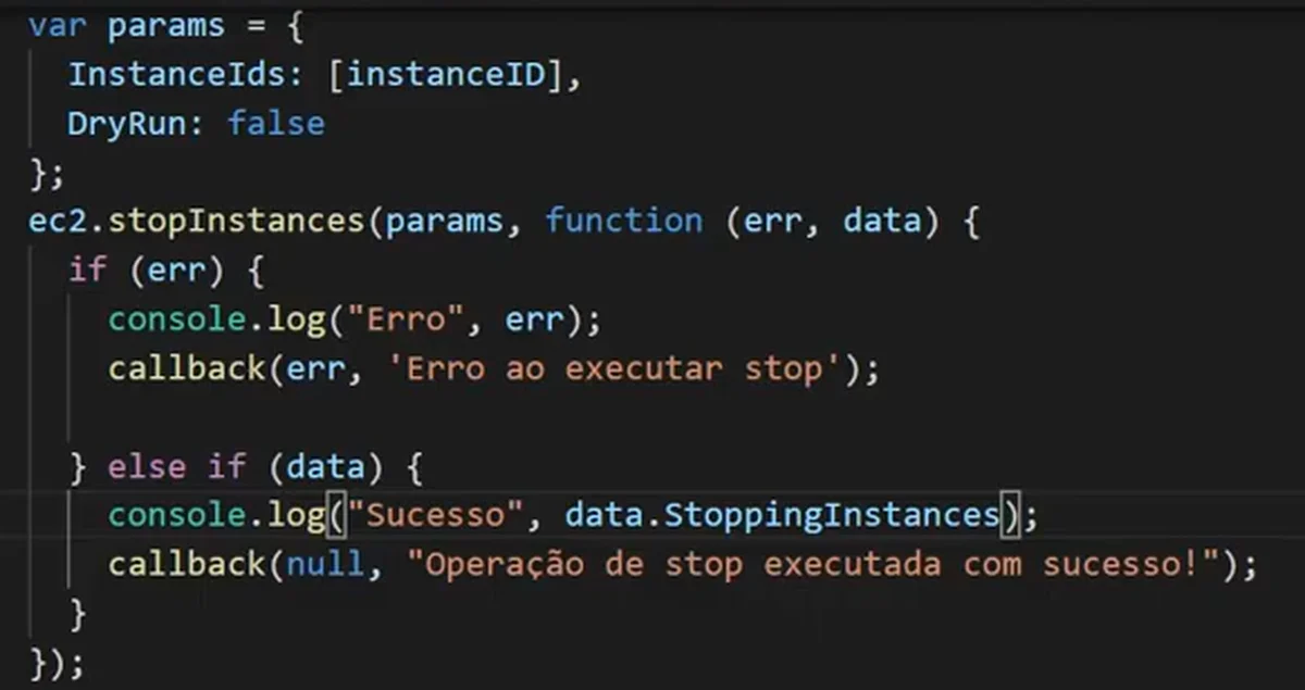 O código no editor: params com InstanceIds recebendo o instanceID e DryRun false, a chamada ec2.stopInstances e o callback que imprime data.StoppingInstances